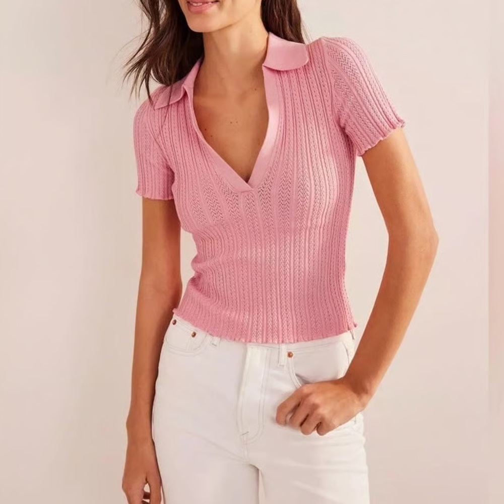 Boden Ribbed Pointelle Knit Collared Top Pink